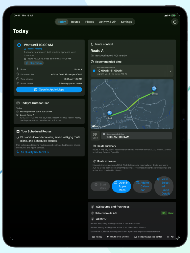 Dark-mode Air Quality Router Today dashboard with current air quality and route guidance.