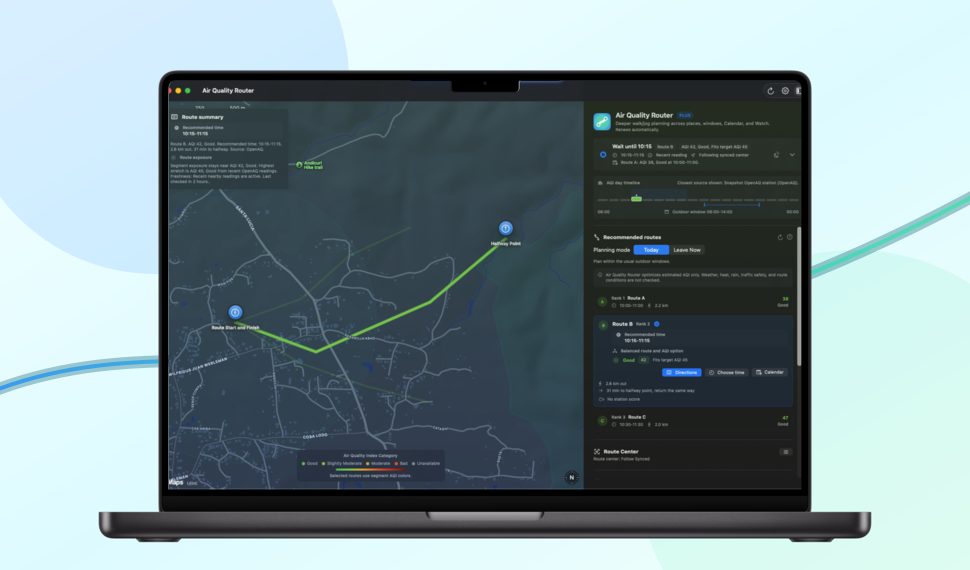 Dark-mode Air Quality Router route comparison with estimated AQI and route options.