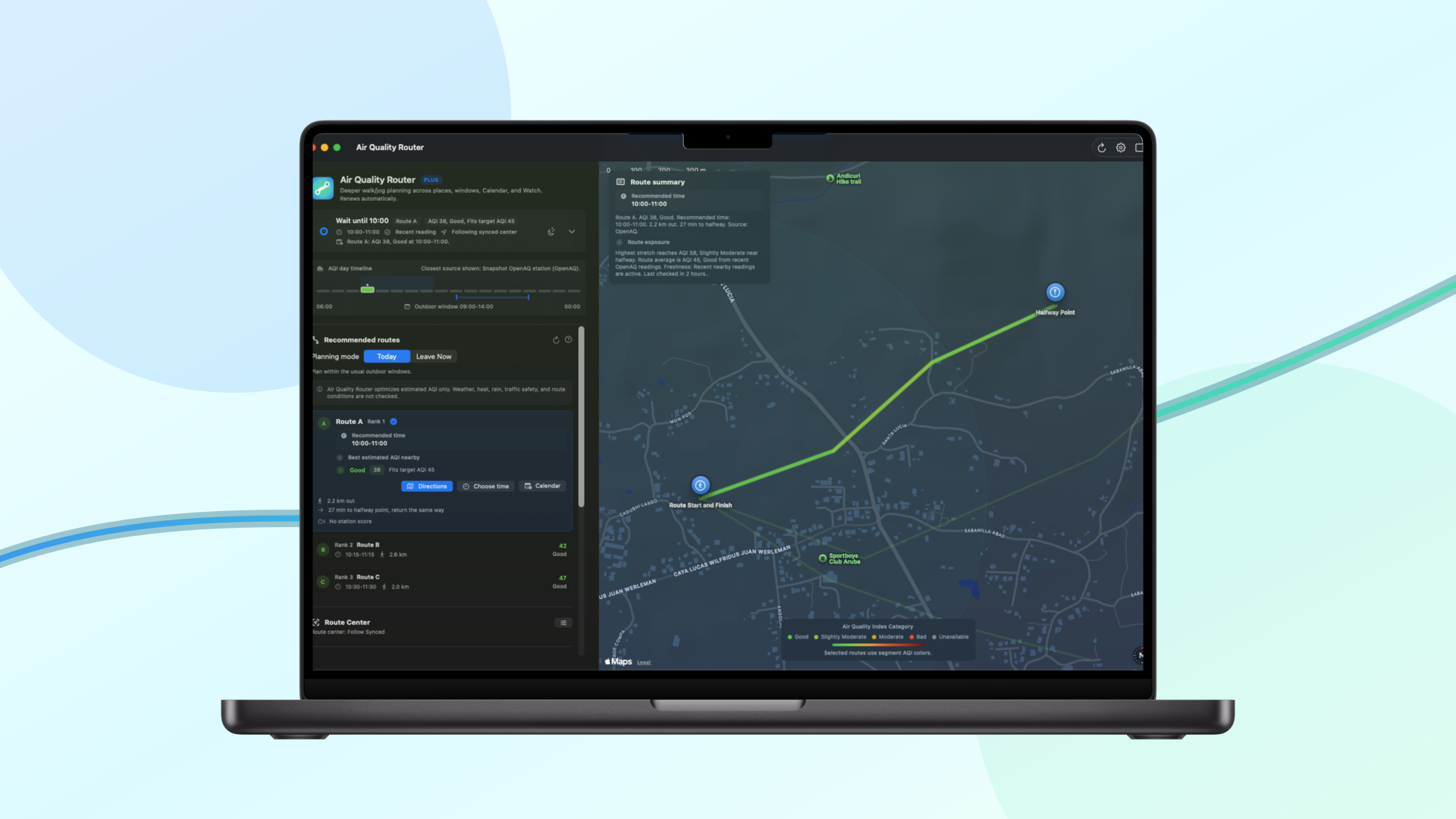 Dark-mode Air Quality Router route planning shown in an official Apple product frame.