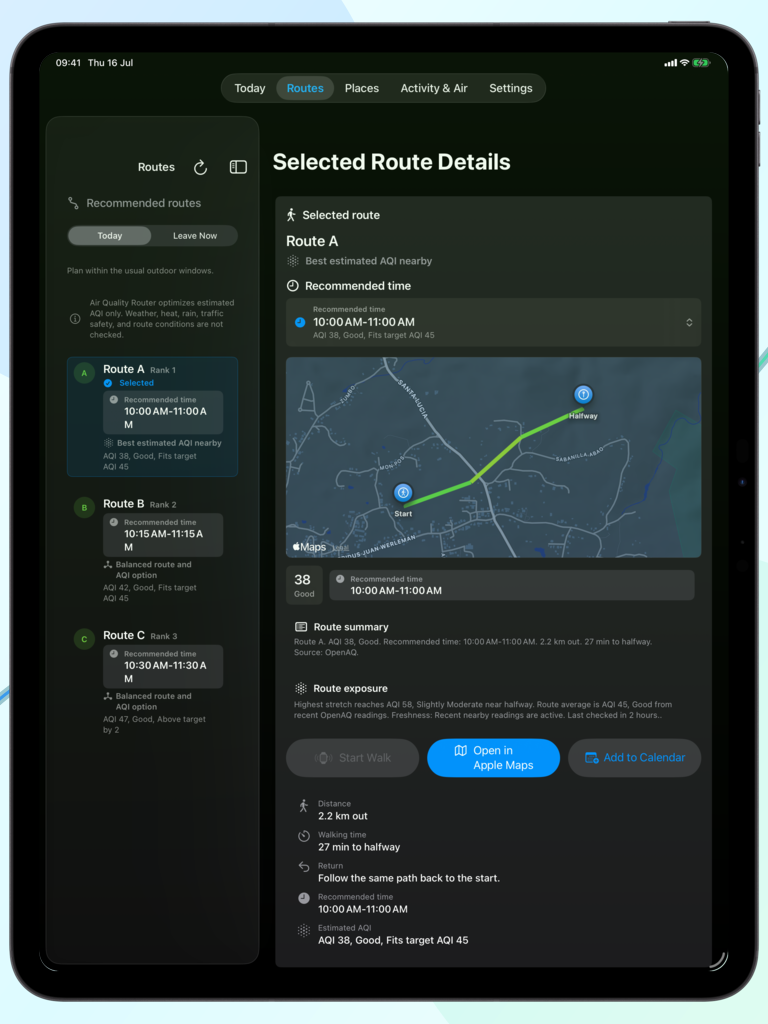 Dark-mode Air Quality Router map with a selected center, route, and estimated AQI stretch context.