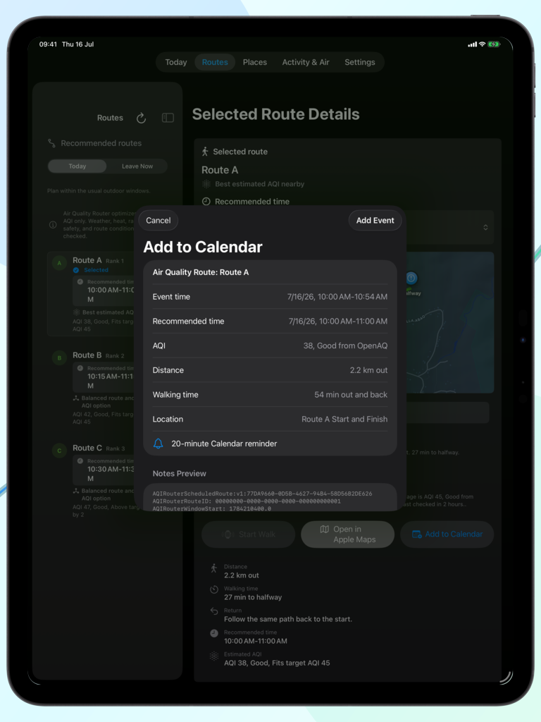 Dark-mode Air Quality Router Scheduled Routes with reminders and Calendar review.