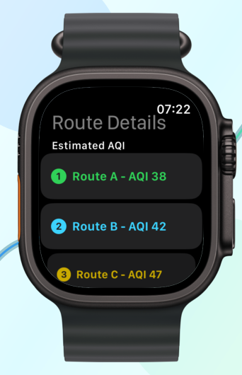 Dark-mode Air Quality Router Apple Watch context with route and AQI details.
