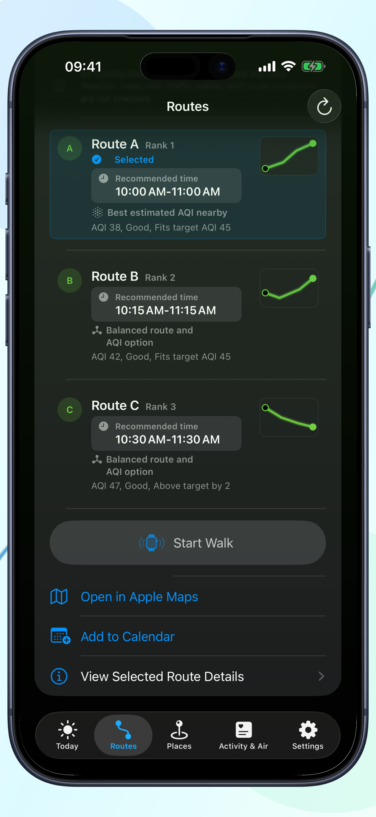 Air Quality Router comparing walking routes by estimated AQI on iPhone.