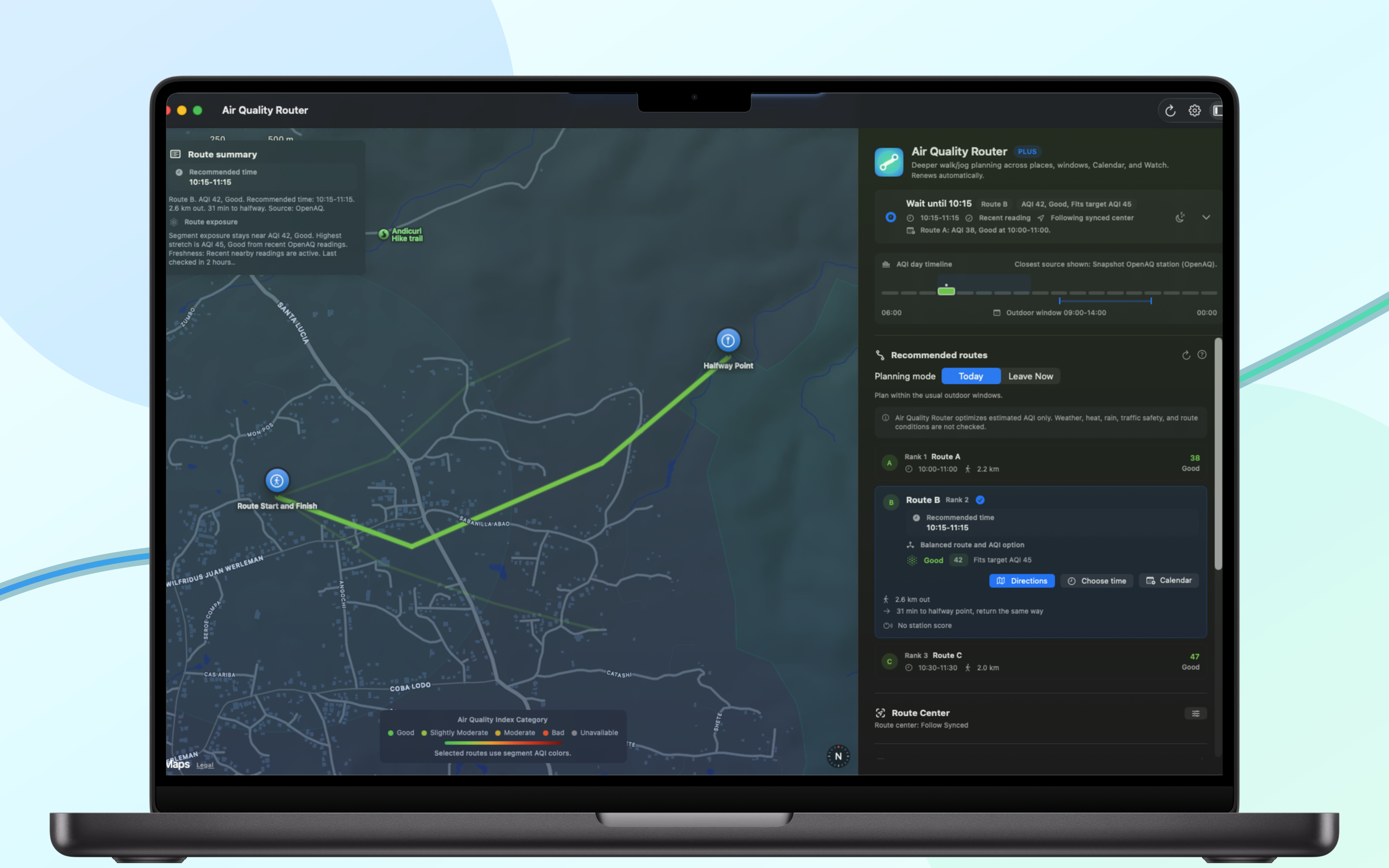 Air Quality Router Plus comparing estimated AQI routes on Mac.