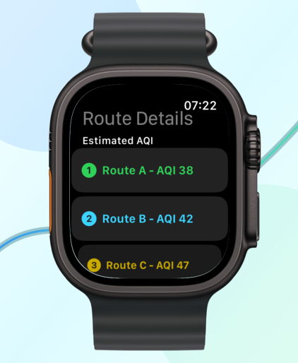 Air Quality Router Plus showing estimated AQI route details on Apple Watch.