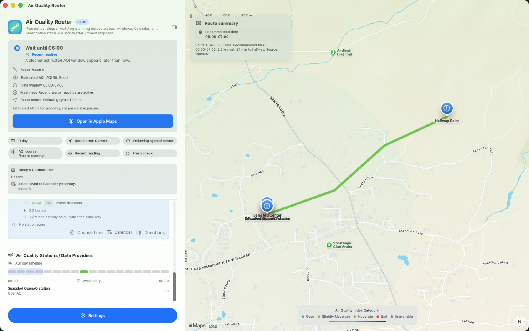 Air Quality Router route map on Mac with route summary, route card, and AQI category legend.
