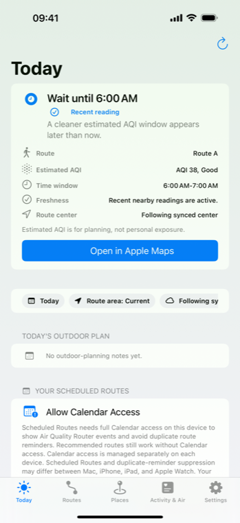 Today view showing a wait-until decision, recent reading label, estimated AQI, route, and Apple Maps action.