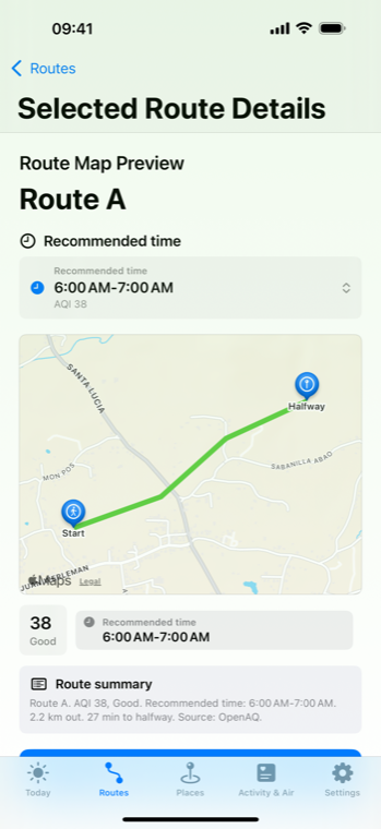 Route map view with selected center, halfway point, walking route, and AQI category legend.