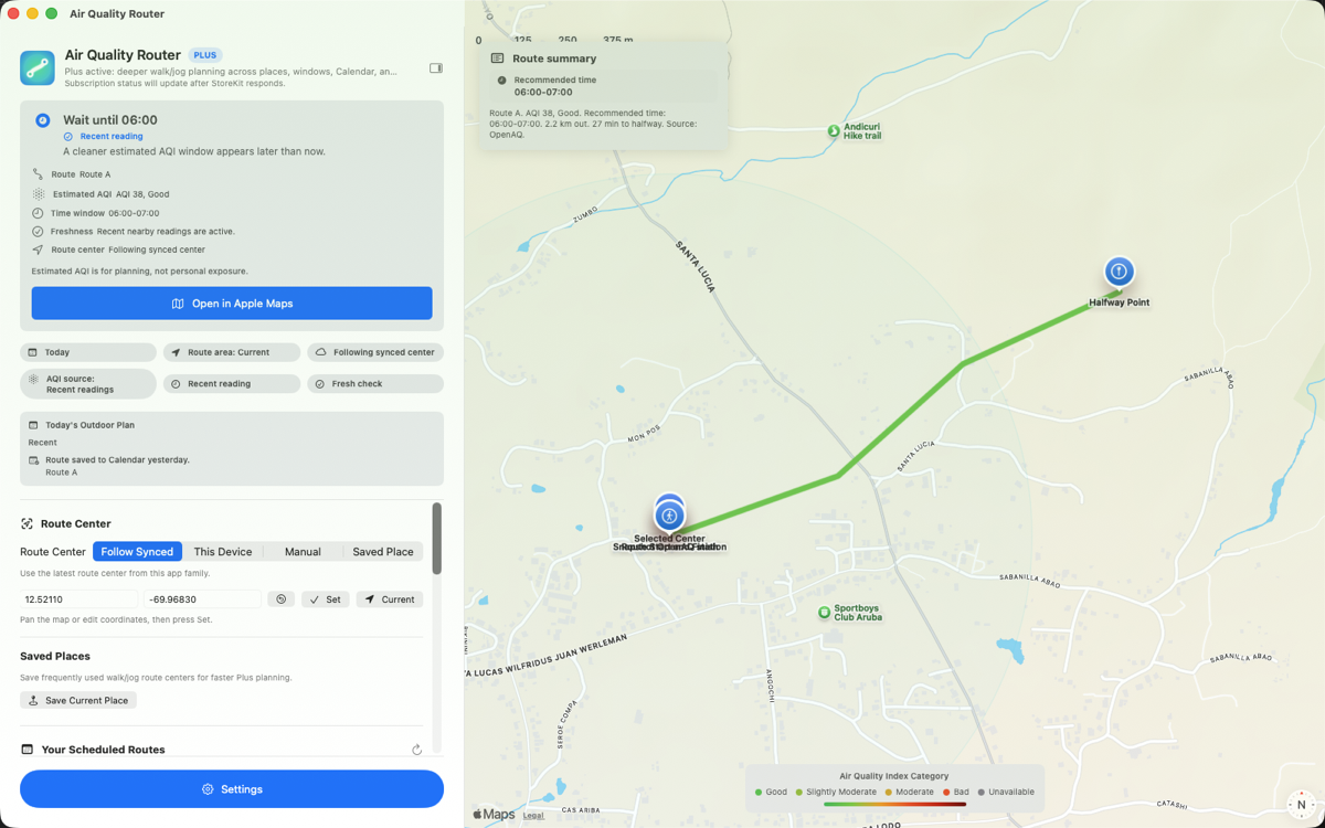 Mac dashboard showing route readiness, outdoor plan, route cards, AQI source, and settings action.
